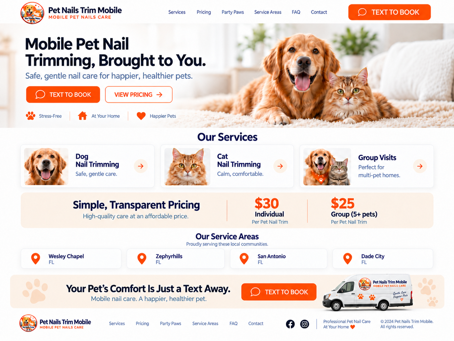 Pet Nails Trim Mobile homepage showing services, pricing, service areas and booking options